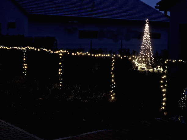 istock outdoor Christmas lighting, which involves the use of light chains and possibly light nets to decorate trees and the house. thin light chains with small, densely placed LEDs, micro LED cluster 2252194858