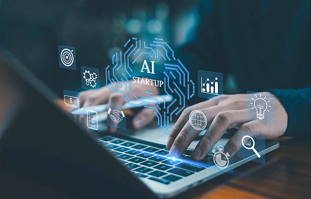 istock Futuristic AI startup concept featuring a glowing digital brain above a laptop as a businessman interacts with the device, surrounded by icons of analytics, global technology, and business strategy. 2252201649
