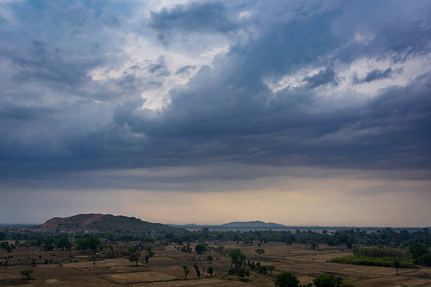 The dead tree in front of a giant hill rural place in India