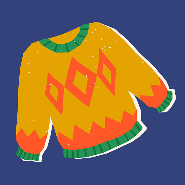 Cozy Christmas sweater with yellow body, red geometric pattern and green ribbed cuffs in simple paper cutout style on navy background. Festive winter clothing element for holiday cards and decor.