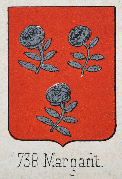 istock Medieval heraldry, Coat of arms, Shield with, Three, Silver, Roses, Red, Spanish, Vintage illustration 2252210978