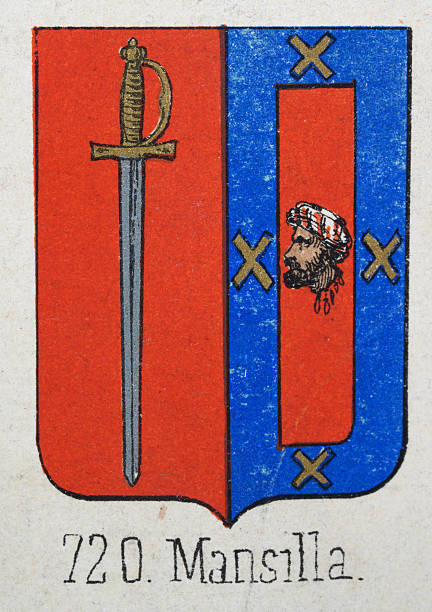 istock Medieval heraldry, Coat of arms, Shield with, Halved, Sword, Red, Moors, head, Decapitated, Spanish, Vintage illustration 2252212415