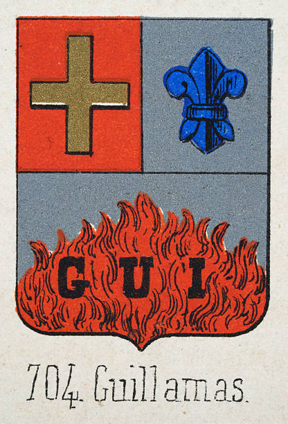 istock Medieval heraldry, Coat of arms, Shield with, Gold, Cross, Red, Blue, fleur de lis, Silver, Flames, Fire, Spanish, Vintage illustration 2252212706
