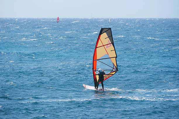 Water Sport Activity - Windsurfer Riding a Wave in Rough Sea on a Windy Day.