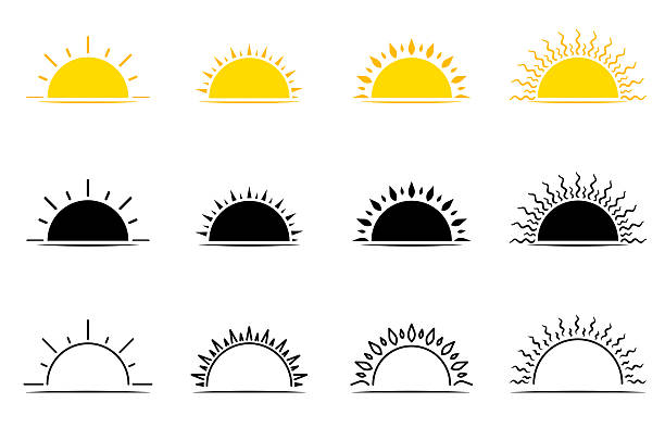 Vector icon set featuring stylized sunrise designs with multiple ray shapes: straight, sharp, droplet and wavy styles. Available in yellow, solid black and outline versions for maximum graphic flexibility. Ideal icons for weather, solar energy, climate, wellness, morning concepts, web interfaces, apps, infographics and UI/UX projects. Clean, modern and highly readable design. Fully editable vector files (color, size, outline).