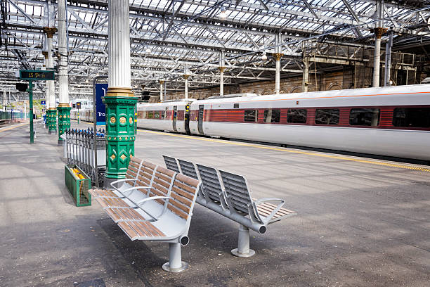 Train at an empty Waverley station in Edinburgh, Scotland