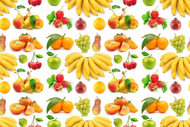Large seamless pattern of mixed fruits including bananas, citrus, berries, apples and grapes are displayed on a white backdrop. The isolated studio setup provides clear detail and open copy space