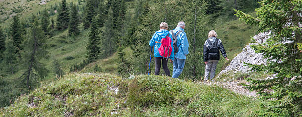 istock Active seniors walking along a panoramic mountain trail on a bright sunny day 2252224966