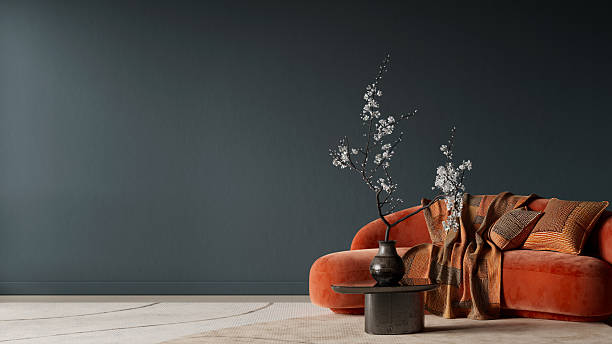 istock Dark moody modern interior showcasing clean negative space, warm ambient lighting and subtle Japandi textures for minimal elegant home styling. 3D illustration 2252226555