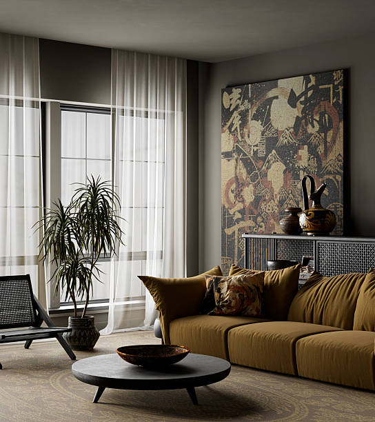 istock Bold dark moody japandi living space featuring deep contrast, earthy materials, dramatic lighting and refined modern luxury interior styling. 3D illustration 2252226595