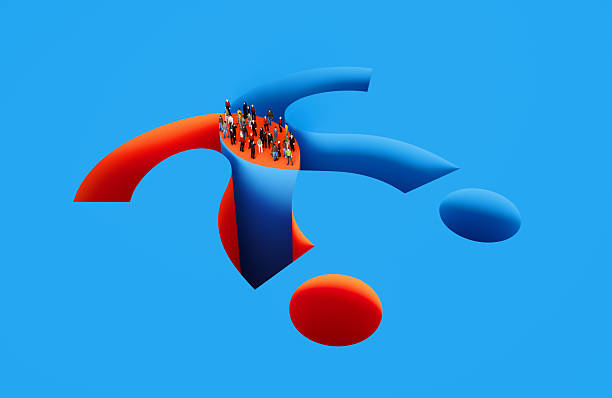 Human crowd sitting at the intersection of two question marks on blue background. Q and A concept.