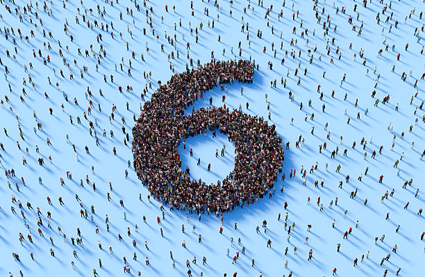 Human crowd forming number 6 on blue background.