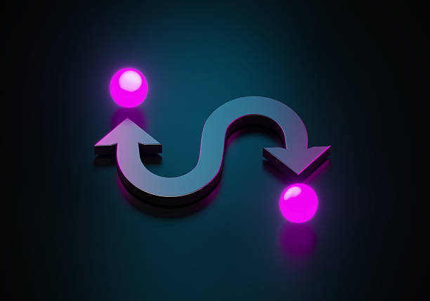 Blue arrows moving towards different spheres on opposite directions on blue background.