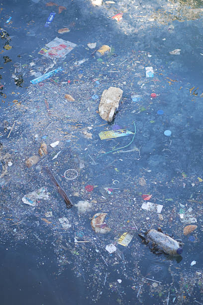 istock Polluted water is cluttered with trash in urban setting 2252233807