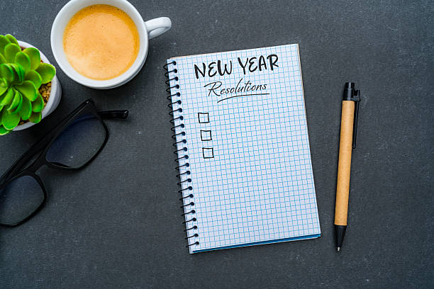 istock Overhead view of a minimal workspace desk with 2026 New Year resolution list notebook. Goals, resolutions, target, plan, action, checklist for the coming year. 2252238375