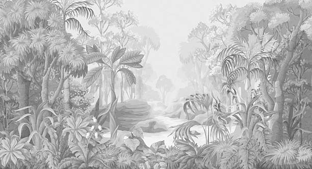 Monochrome jungle landscape. Vector interior print