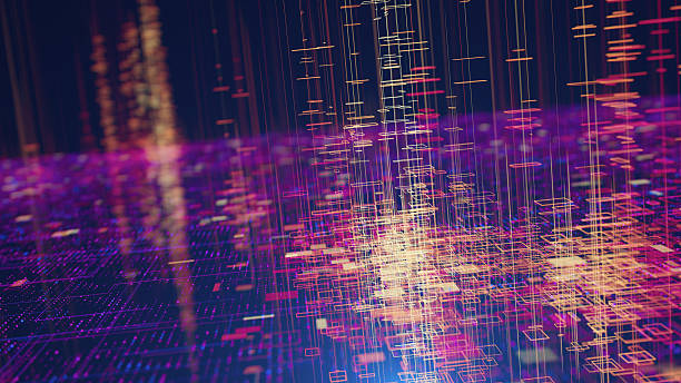 istock Abstract Digital Data Visualization With Neon Purple Sparks And Gold Light Beams 2252242342