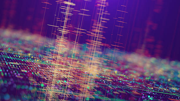 istock Abstract Digital Data Visualization With Neon Purple Sparks And Gold Light Beams 2252242350