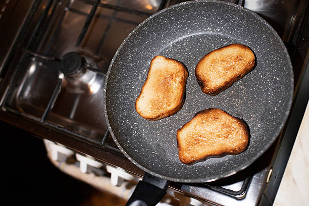 Breakfast, toast in a frying pan