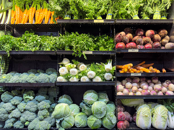 Full Frame Display of Fresh Organic Vegetables in Supermarket Produce Section