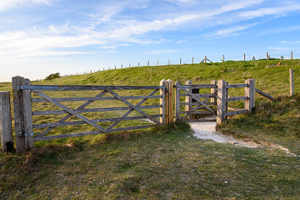 istock Wooden gate and stile along a path through farmland at sunset in spring 2252260557