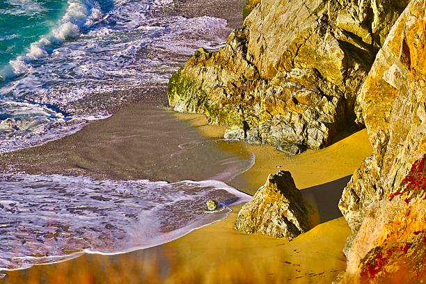 Big Sur is a rugged and mountainous section of the Central Coast of California.The Pacific Ocean meets the Santa Lucia Mountains with State Route 1 constructed on the towering seaside cliffs.