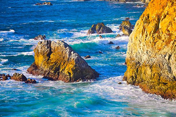 Big Sur is a rugged and mountainous section of the Central Coast of California.The Pacific Ocean meets the Santa Lucia Mountains with State Route 1 constructed on the towering seaside cliffs.