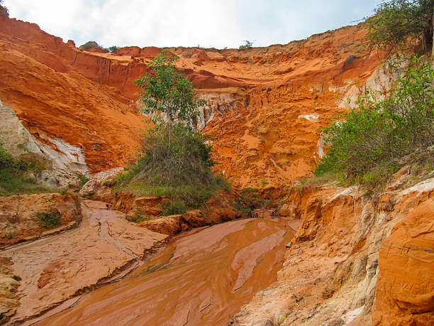 Muine Red Canyon in Vietnam featuring natural sandstone formations rugged cliffs layered rock textures outdoor landscape travel destination scenic viewpoint adventure tourism Southeast Asia nature environment editorial use only authentic location without people