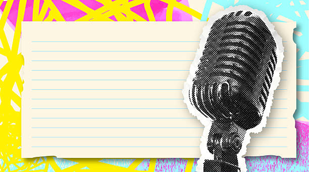Vector illustration of a Retro Live Event 80s scrapbook style with paper textures and scribbles advertisement design concept with halftone retro microphone for restaurants and bars nightlife. Use for Restaurant or Pub Bar social media advertising open mic, karaoke, comedy night and live ceremonies and events. Fully editable vector eps and high resolution jpg in download. Royalty free design.