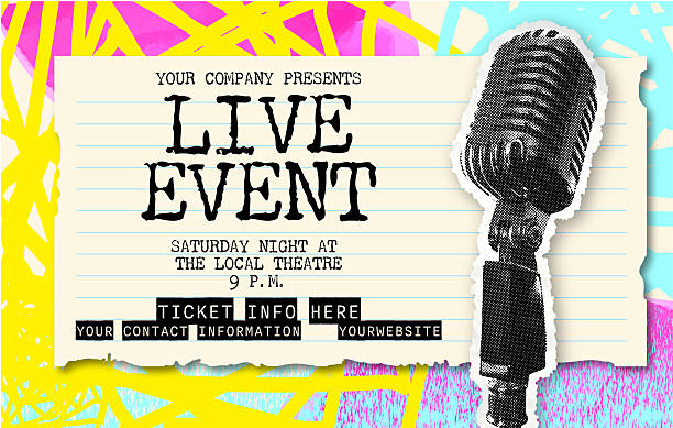Vector illustration of a Retro Live Event 80s scrapbook style with paper textures and scribbles advertisement design concept with halftone retro microphone for restaurants and bars nightlife. Use for Restaurant or Pub Bar social media advertising open mic, karaoke, comedy night and live ceremonies and events. Fonts outlined. Fully editable vector eps and high resolution jpg in download. Royalty free design.