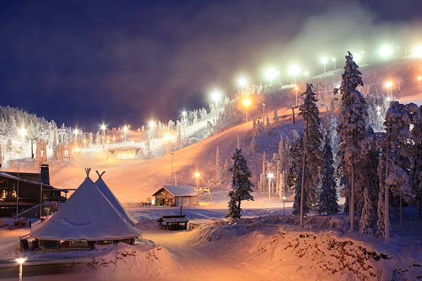 istock Evening twilight over illuminated ski slopes at Ruka resort, Finland 2252270285