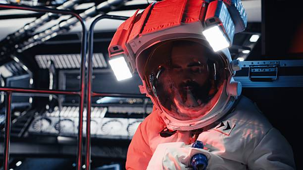 Astronaut attempts to fix damaged suit after red light error appears inside spacecraft during flight. Cosmonaut struggles with system malfunctions during planetary colonization mission