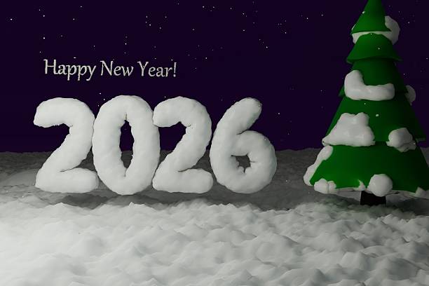 istock 3d render of snowy happy new year text with low poly tree 2252272392