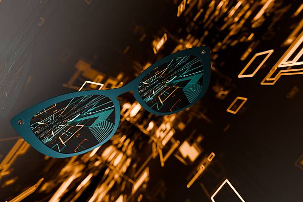 Optical fibres dynamic flying from deep on technology background