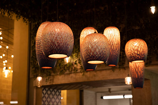 istock Different shapes of lamps, light design. Wicker lamps 2252272564