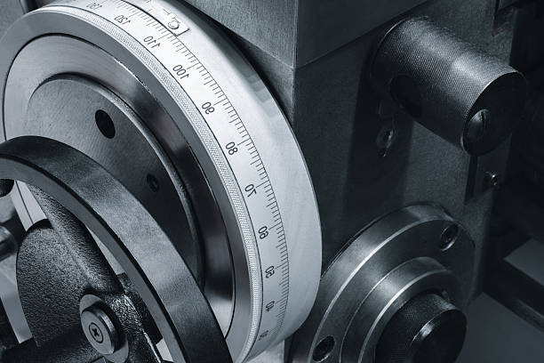 istock Control disk of metalworking machine with applied measuring ruler and control handle. metalworking industrial machines concept 2252277631