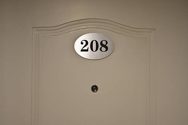 Hotel room door with number 208 and peephole.