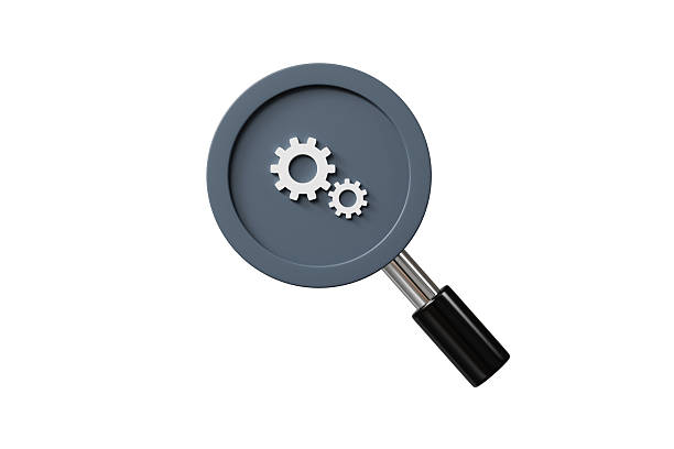 3d magnifying glass gear icon. settings search concept. minimal cartoon configuration settings icon for seo audit and website optimization. isolated on white background. 3d render.