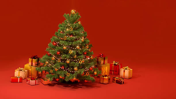 istock Christmas tree and presents Red background 3D 2252290374