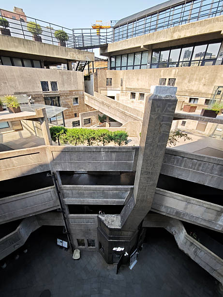 Linking walkways at the 1933 Old Millfun, a complex of restaurants and shops in Hongkou District of Shanghai, China. The concrete structures once housed the Shanghai Municipal Council Slaughterhouse, the largest slaughterhouse in Shanghai at the time.