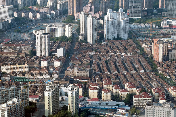 High angle view of a residential area in Hongkou district, Shanghai, China.