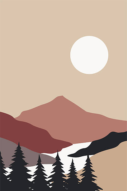 Contemporary mountain boho background illustration. Flat landscape mountain view wall art decor.