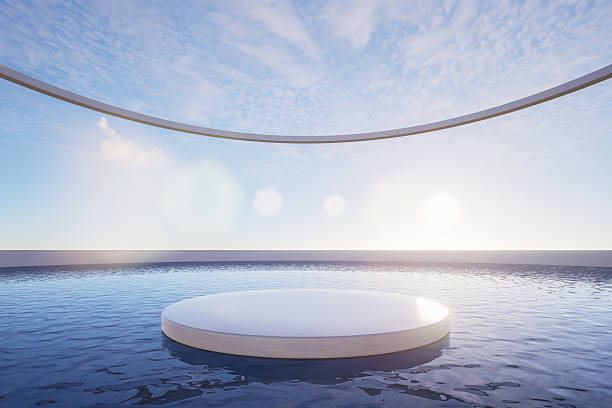 istock Minimal abstract podium on calm water with geometric architectural frames and soft sunlight, perfect for product display, luxury branding, and modern backgrounds, 3d rendering 2252304404