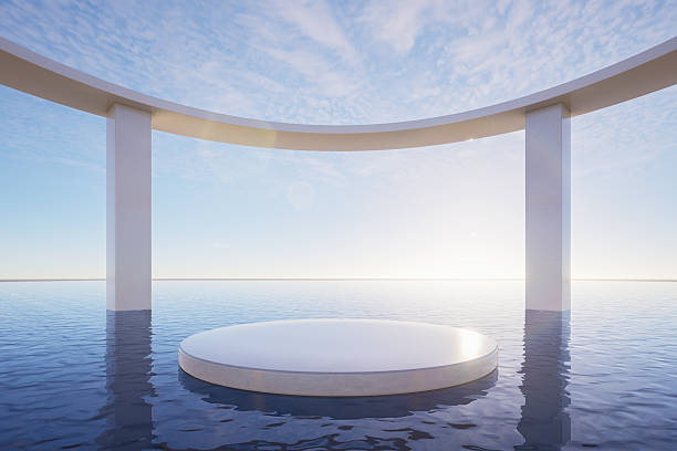 istock Minimal abstract podium on calm water with geometric architectural frames and soft sunlight, perfect for product display, luxury branding, and modern backgrounds, 3d rendering 2252304448