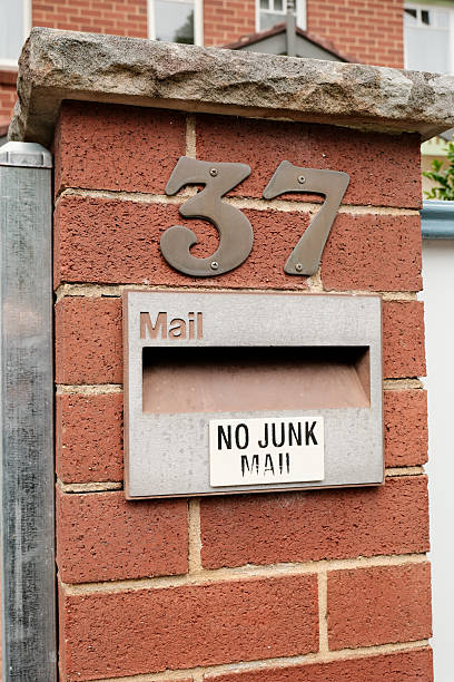istock No Junk Mail sign on a silver mailbox in a brick wall 2252307212