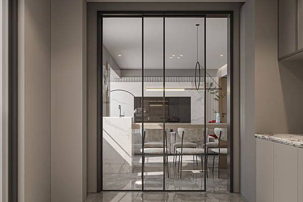 istock Luxury Modern Bathroom Vanity Area with Gold Frame Glass Partition and Marble Sink 2252307959