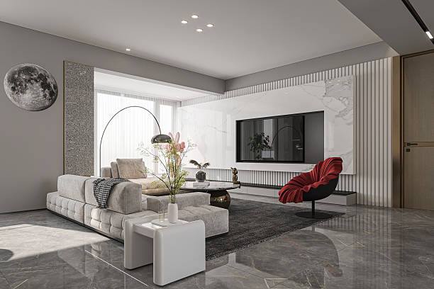 istock Luxury Modern Living Room with Marble Media Wall, Sectional Sofa, and Moon Decor 2252307971