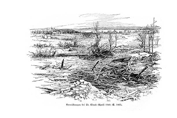 Engraving showing widespread devastation after a tornado near St. Cloud in April 1886, with shattered trees, scattered wooden debris, and damaged farmland across an open rural landscape