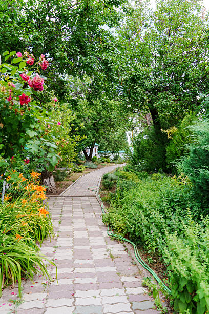 A pathway leads through a garden filled with various flowers and green plants. Trees line the sides, creating a natural space for walking and enjoying nature.