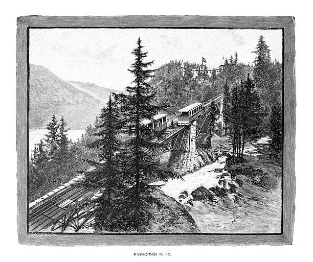 Giessbachbahn Standseilbahn auf einer Brücke über einen Fluss mit Grand Hotel und Bergen in der Schweiz – Gravur aus dem 19. Jahrhundert